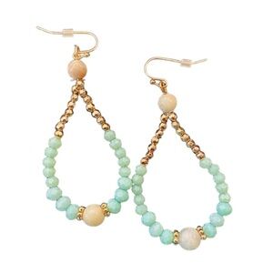 Aqua Green Teardrop Hoop Earrings Gold Accent 2.75 Inch